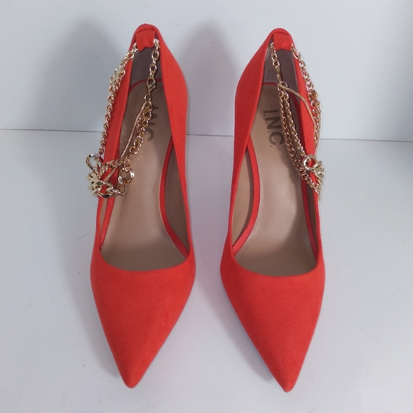 I.N.C. Gold-Tone Ankle Chain Red Pump Heels Women's Size 7.5M - Picture 3 of 8